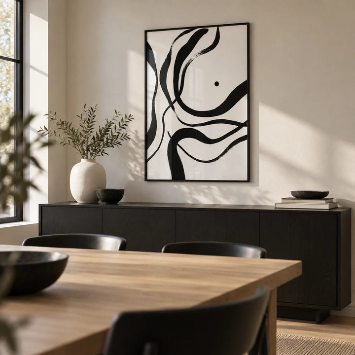 Black And White Art, framed on the wall of a modern dining room