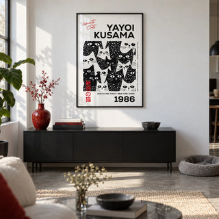 Black and White Cat Art, framed on the wall of a crisp design-led city flat living room with a white wall and a polished concrete floor