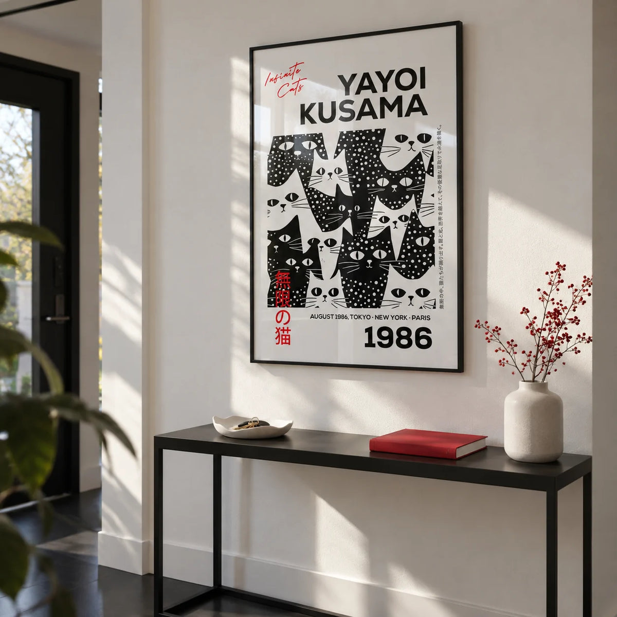 Black and White Cat Art, framed on the wall of a crisp hallway with a white wall and a plain black floor