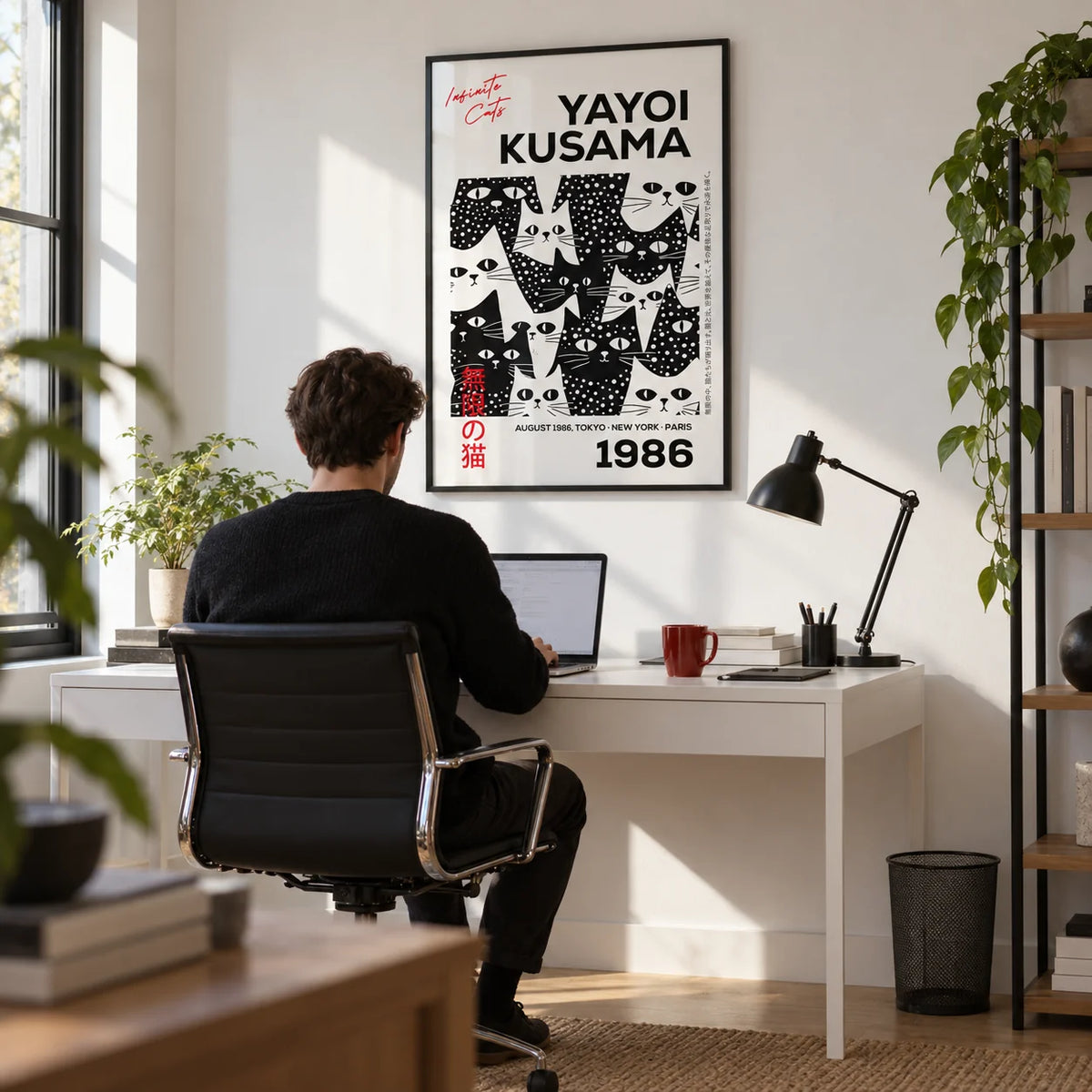 Black and White Cat Art, framed on the wall of a modern home office with a white wall and a pale oak floor