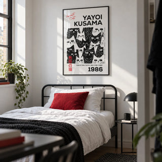 Black and White Cat Art, framed on the wall of a monochrome single bedroom for a young adult (18-25) with a white wall