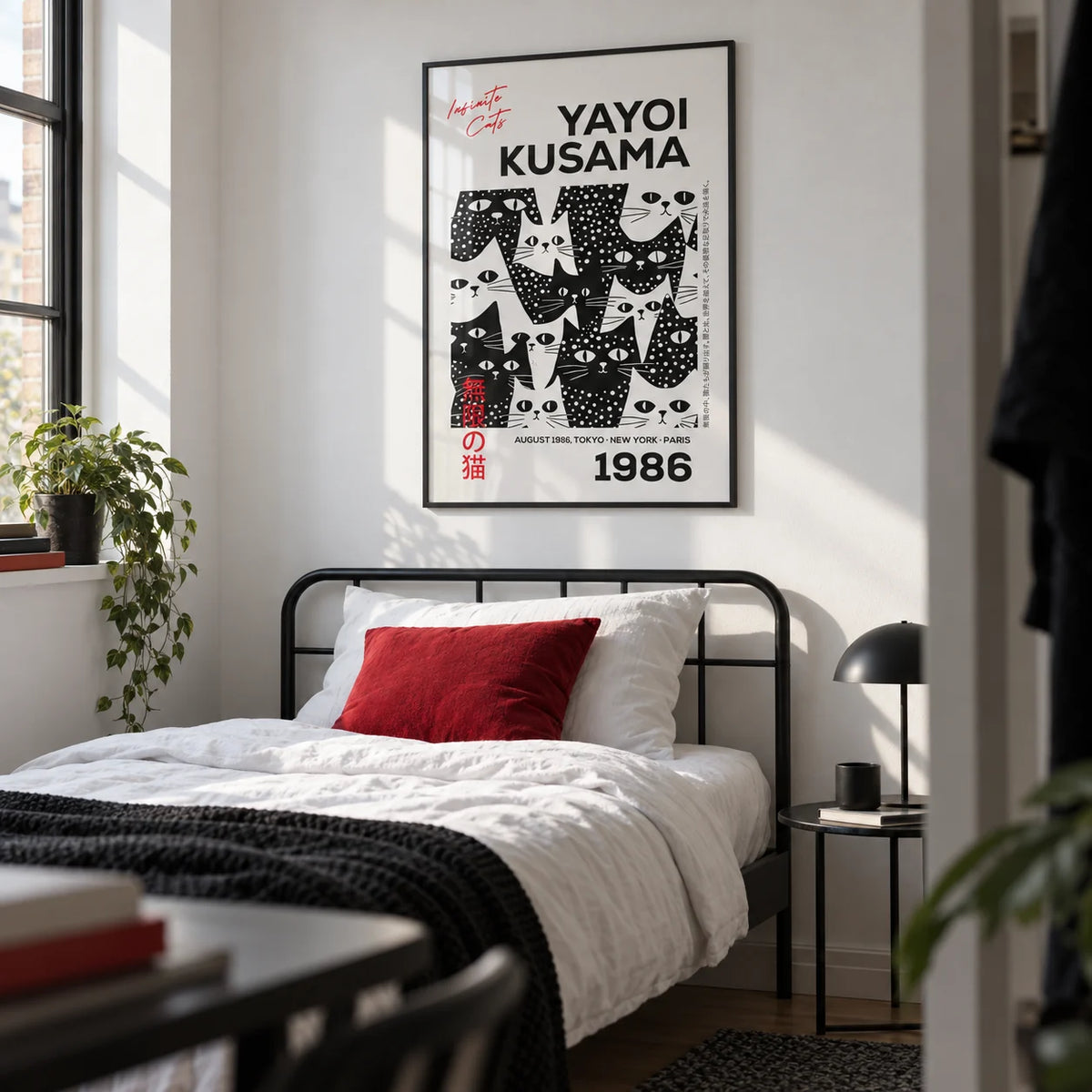 Black and White Cat Art, framed on the wall of a monochrome single bedroom for a young adult (18-25) with a white wall