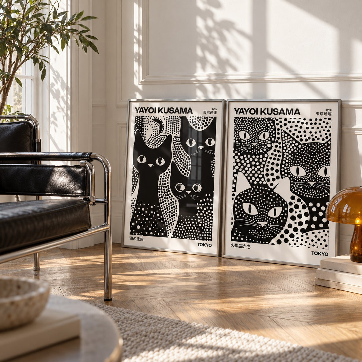Black and White Cat Prints Set of 2 styled leaning in a white corner next to a black leather sling chair and an amber lamp: 3 Black Cats and Kusama Black Cats shown framed side by side (frames not included)