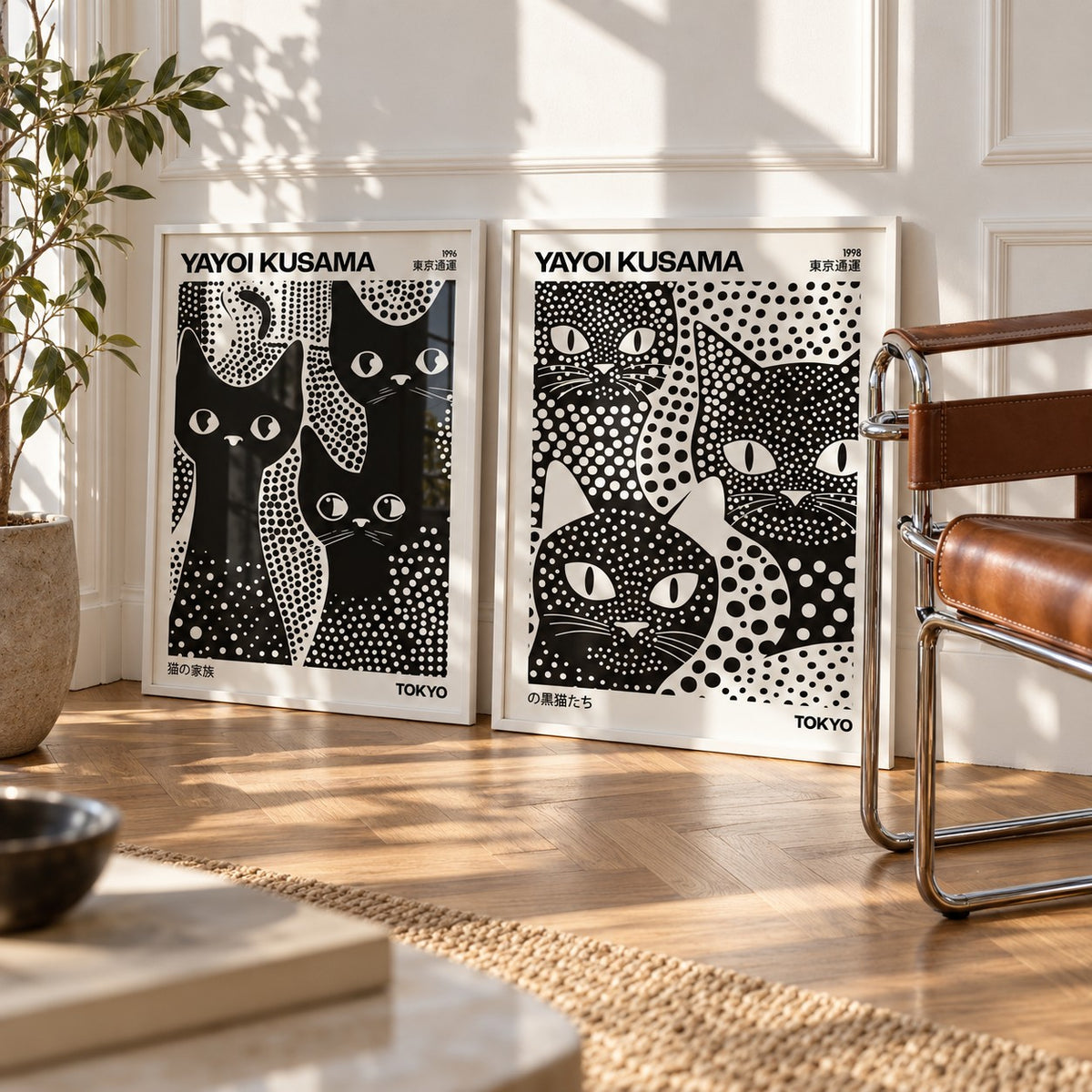 Black and White Cat Prints Set of 2 styled leaning against a white wall beside a chrome and cognac leather sling chair: 3 Black Cats and Kusama Black Cats shown framed side by side (frames not included)