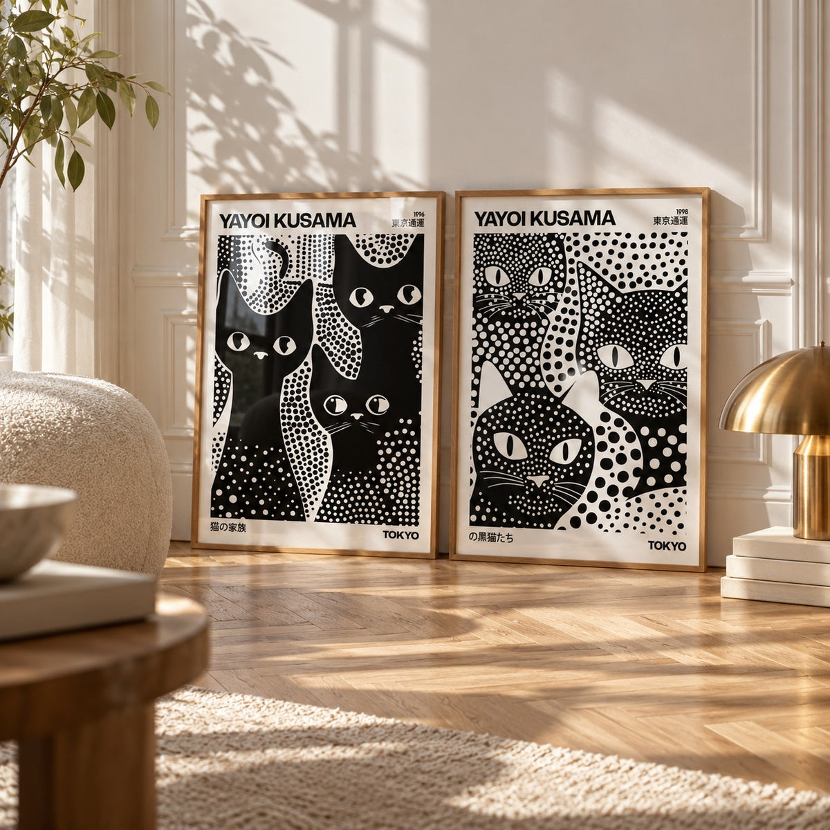 Black and White Cat Prints Set of 2 styled leaning on a herringbone floor between a boucle cushion and a brass mushroom lamp: 3 Black Cats and Kusama Black Cats shown framed side by side (frames not included)