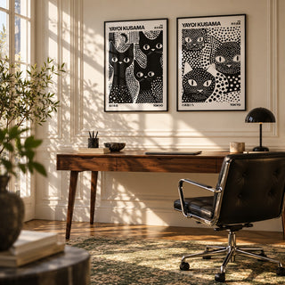 Black and White Cat Prints Set of 2 styled above a walnut desk in a cream panelled home office: 3 Black Cats and Kusama Black Cats shown framed side by side (frames not included)