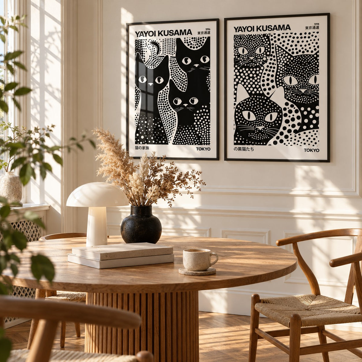 Black and White Cat Prints Set of 2 styled above a round fluted oak dining table with a mushroom lamp: 3 Black Cats and Kusama Black Cats shown framed side by side (frames not included)