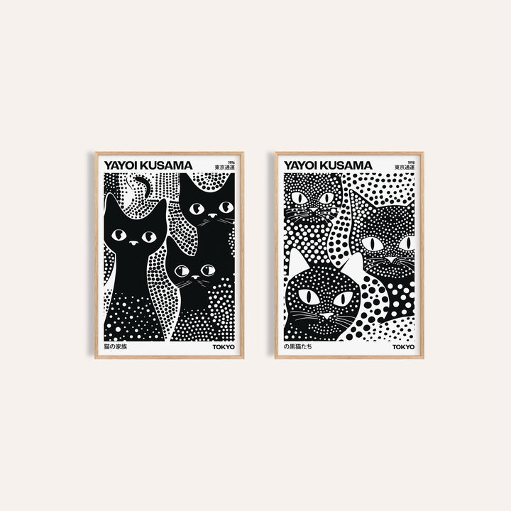 Black and White Cat Prints Set of 2: 3 Black Cats and Kusama Black Cats side by side, two separate unframed prints