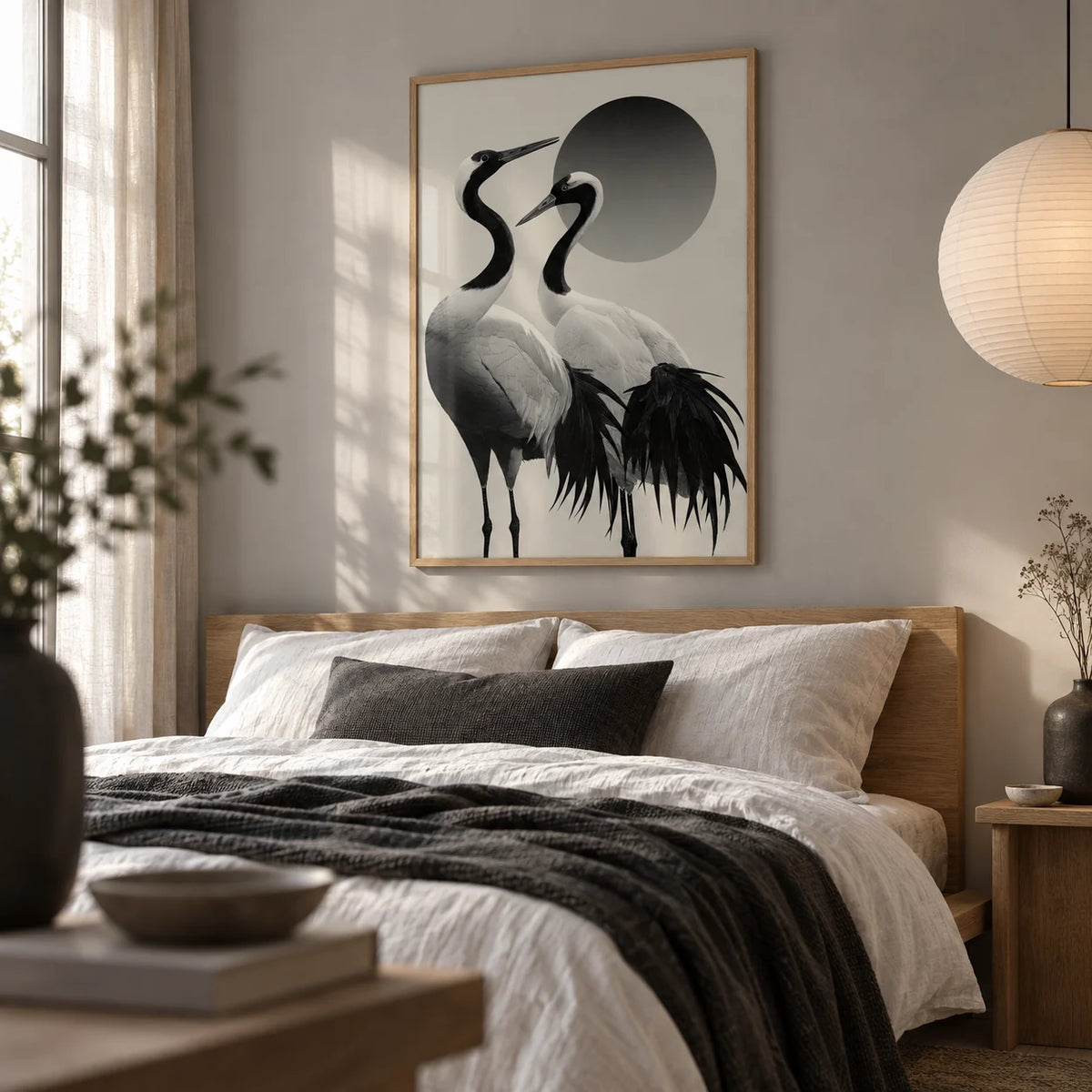Black And White Crane Print, framed on the wall of a calm bedroom with a soft grey wall