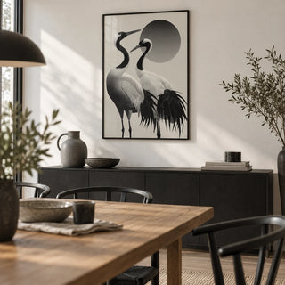 Black And White Crane Print, framed on the wall of a calm dining room with a white wall