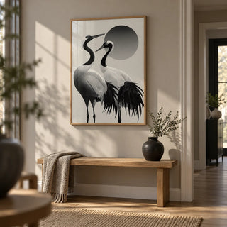 Black And White Crane Print, framed on the wall of a calm hallway with a warm grey wall and an oak floor