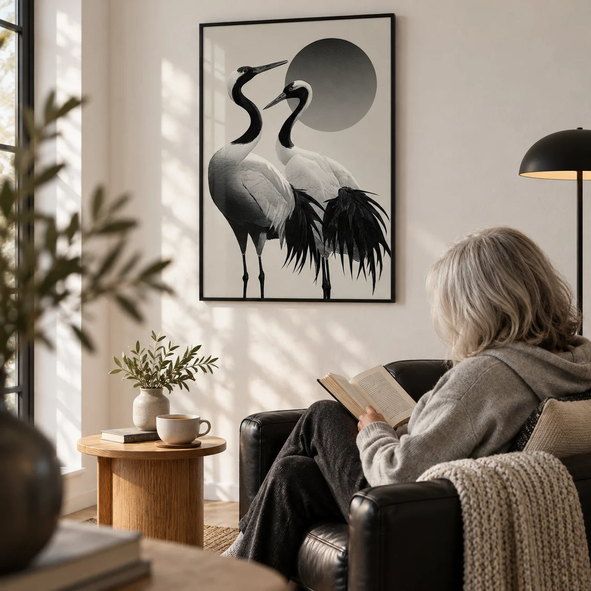 Black And White Crane Print, framed on the wall of a quiet reading corner with a white wall in a living room