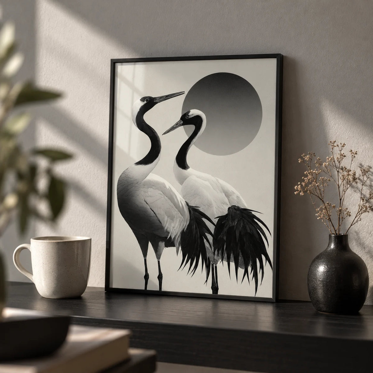 Black And White Crane Print, a small A4 framed print leaning on a black shelf in a living room
