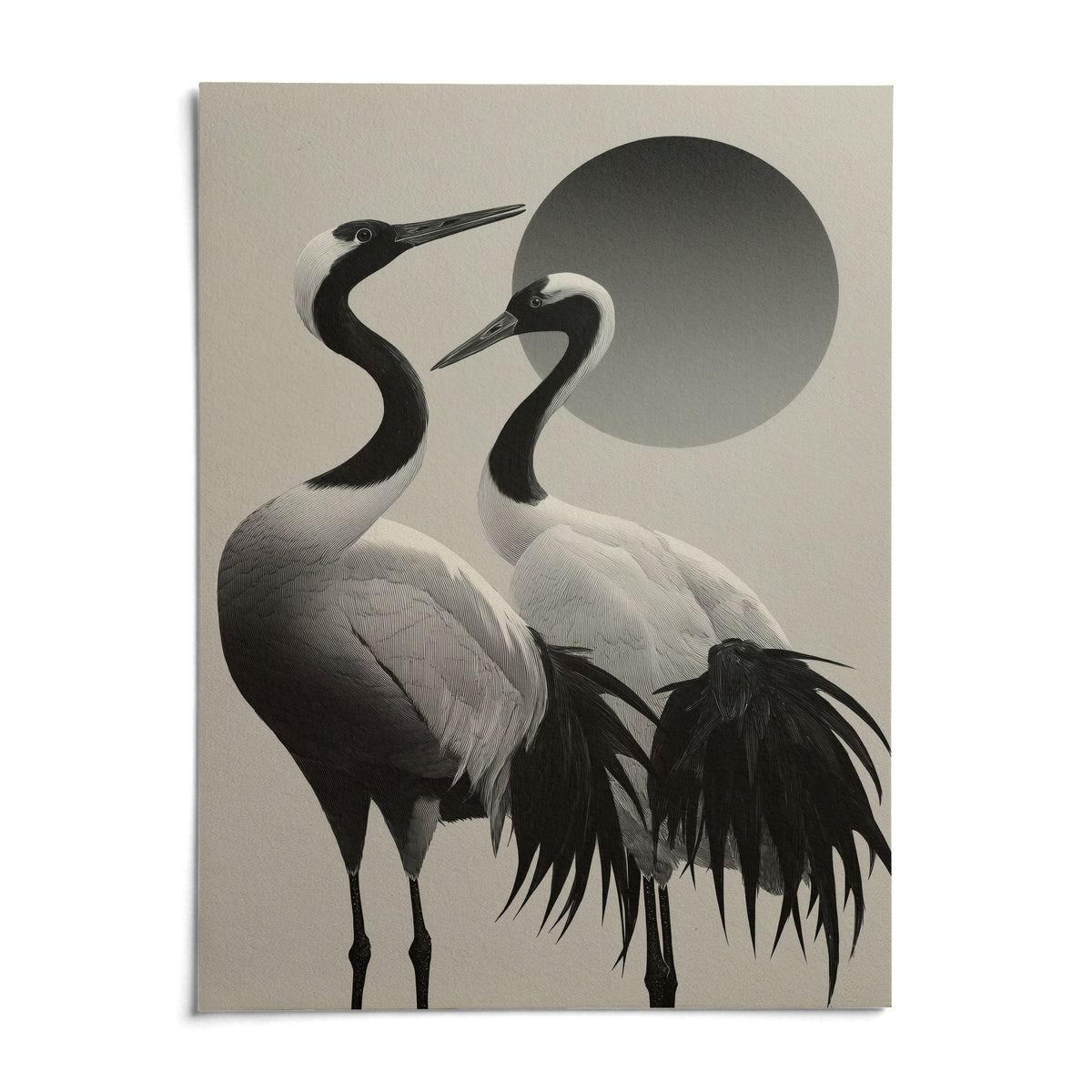 Black And White Crane Print, shown as an unframed paper print on a plain white background