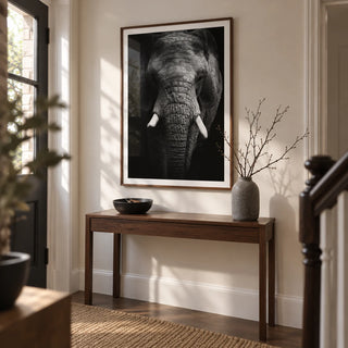 Elephant Print, framed on the wall of a welcoming hallway in a renovated UK semi-detached home with an off-white wall
