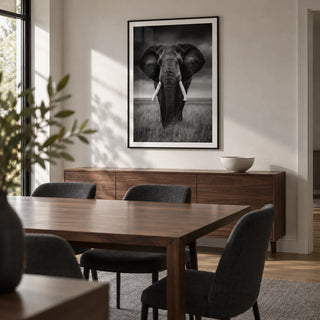 Black And White Elephant Print, framed on the wall of a modern dining room in a UK family home with a soft white wall