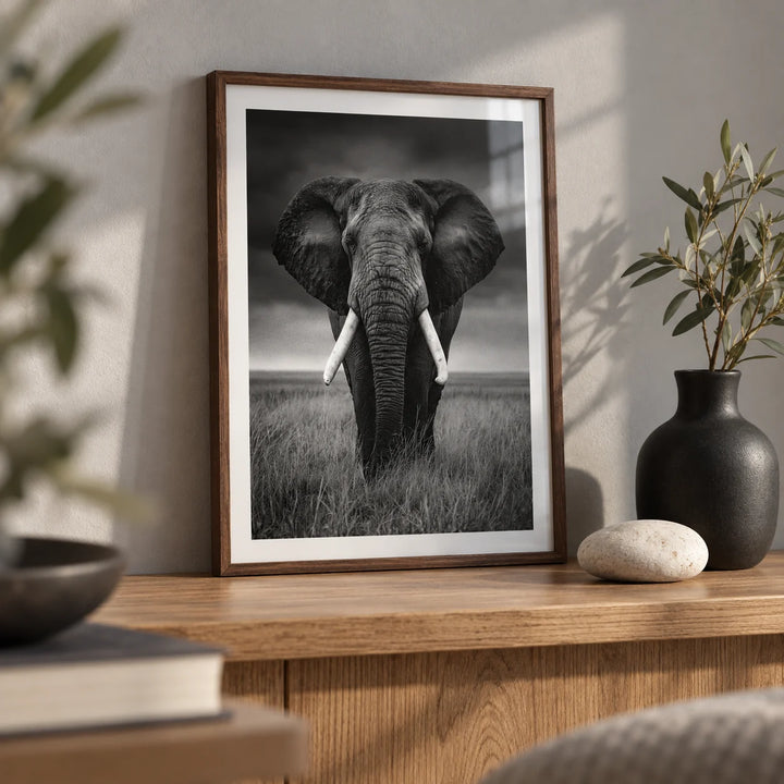 Black And White Elephant Print, a small A4 framed print leaning on a low oak shelf in a living room