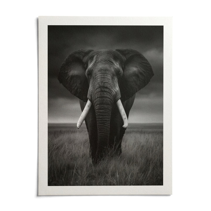 Black And White Elephant Print, shown as an unframed paper print on a plain white background