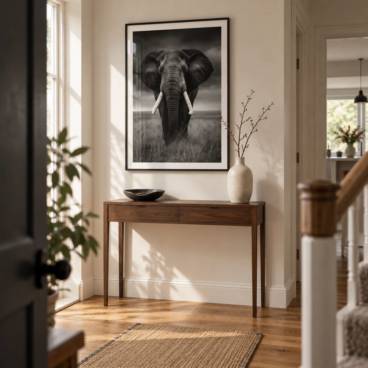 Black And White Elephant Print, framed on the wall of a welcoming hallway in a renovated UK semi-detached home with warm white walls and oak floorboards