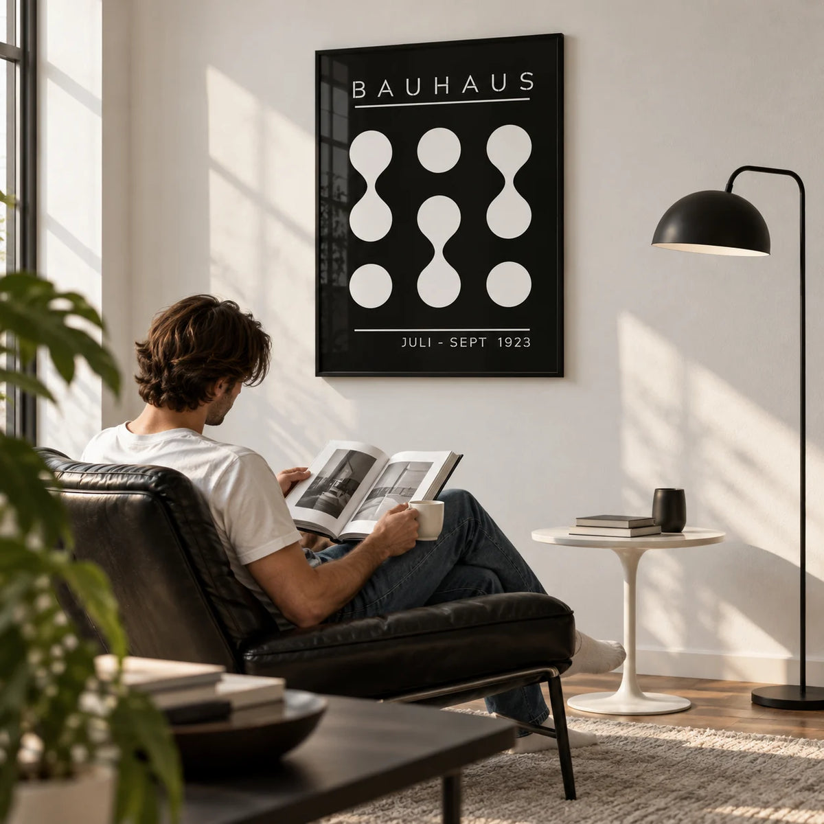 Black and White Geometric Art, framed on the wall of a modern living room corner with a white wall