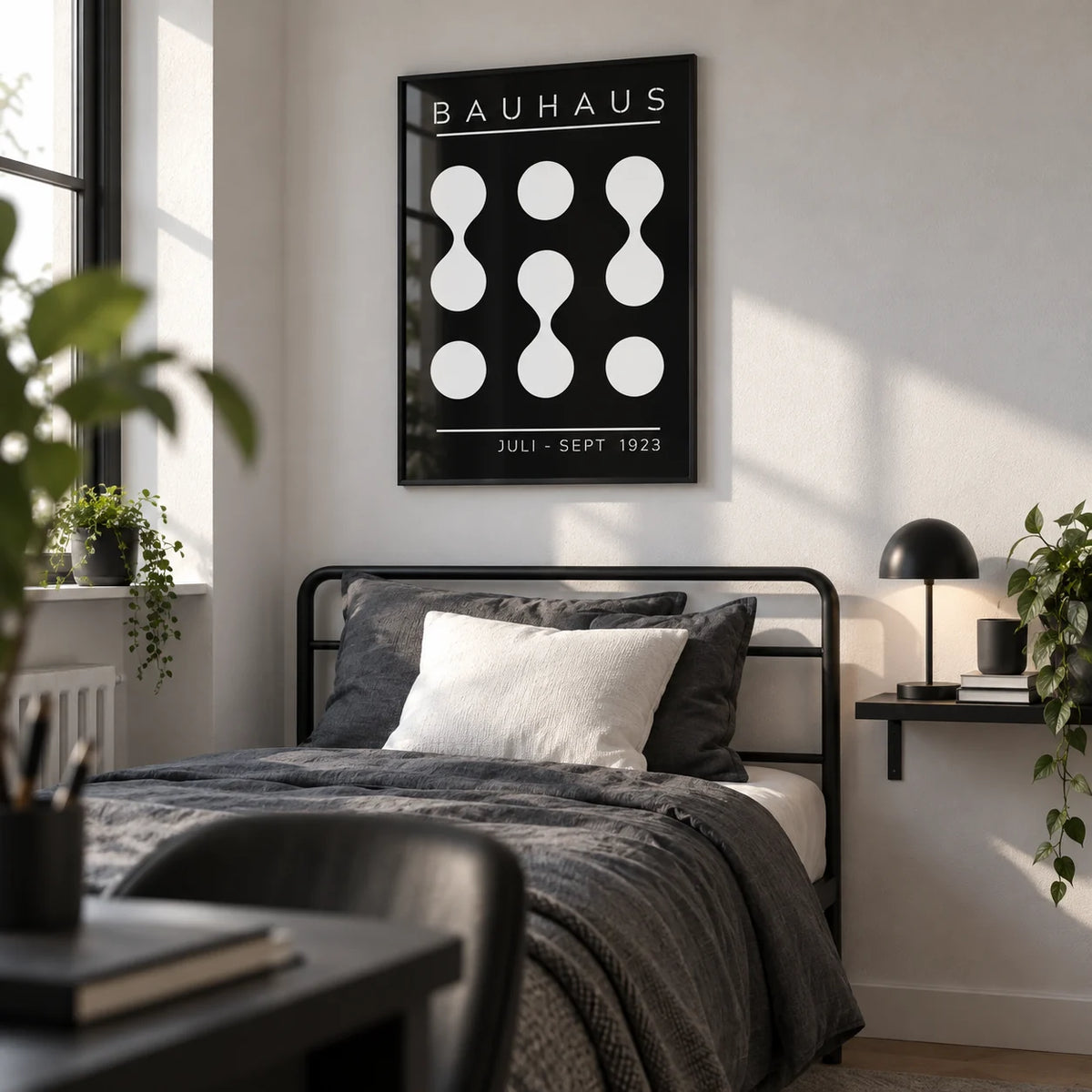 Black and White Geometric Art, framed on the wall of a monochrome single bedroom for a young man (16-22) with a white wall