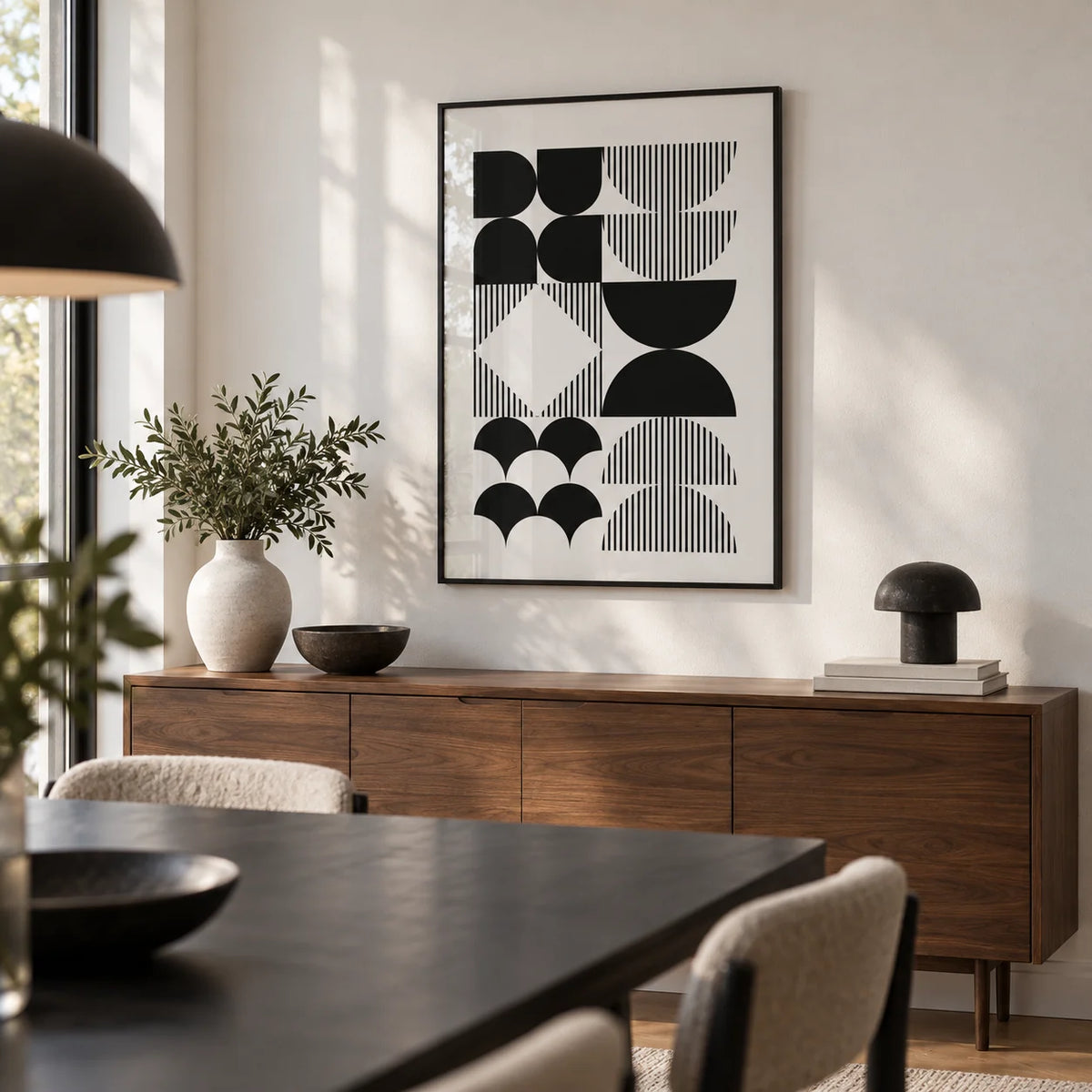 Black and White Geometric Wall Art, framed on the wall of a modern dining room with a white wall