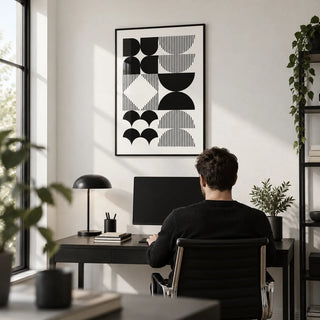 Black and White Geometric Wall Art, framed on the wall of a monochrome home office with a white wall