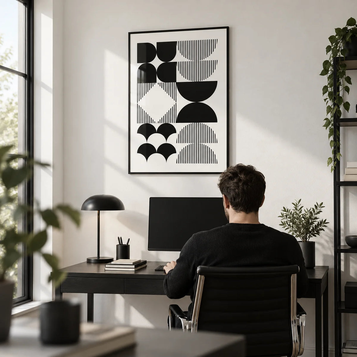 Black and White Geometric Wall Art, framed on the wall of a monochrome home office with a white wall