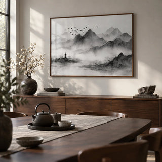 Black and White Landscape Print, framed on the wall of a calm dining room