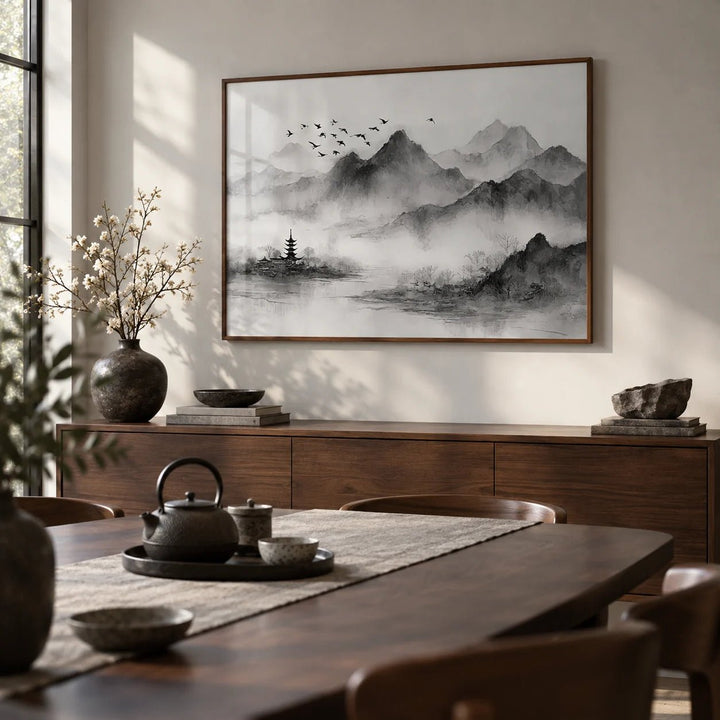 Black and White Landscape Print, framed on the wall of a calm dining room