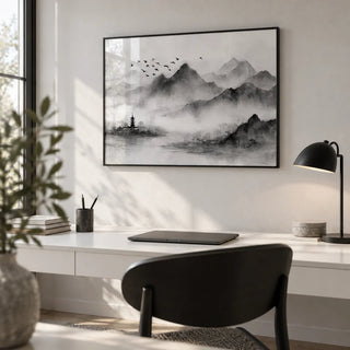Black and White Landscape Print, framed on the wall of a minimal home office