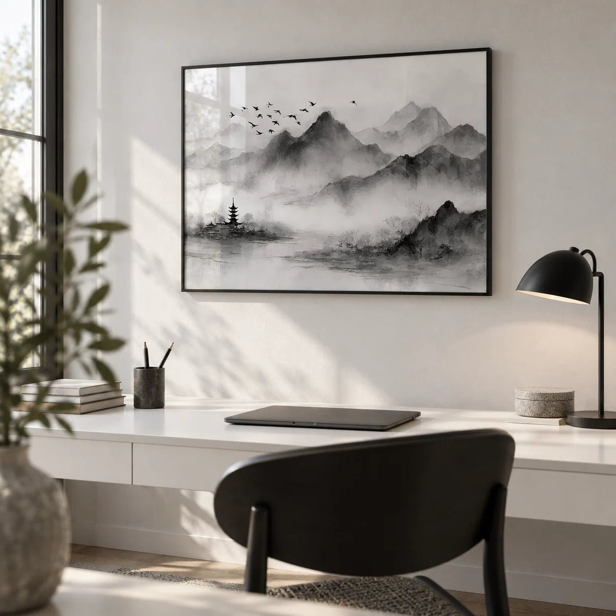 Black and White Landscape Print, framed on the wall of a minimal home office