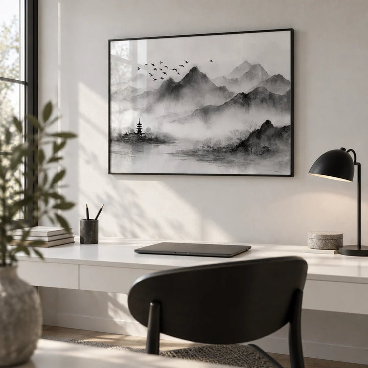 Black and White Landscape Print, framed on the wall of a minimal home office