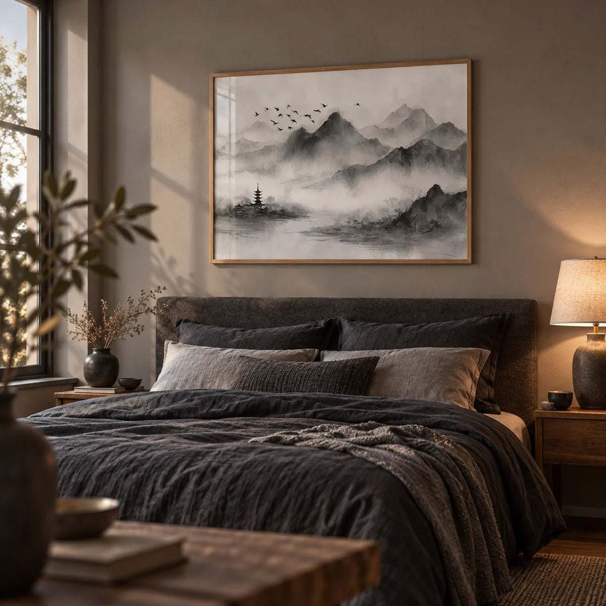 Black and White Landscape Print, framed on the wall of a moody bedroom with a warm grey wall