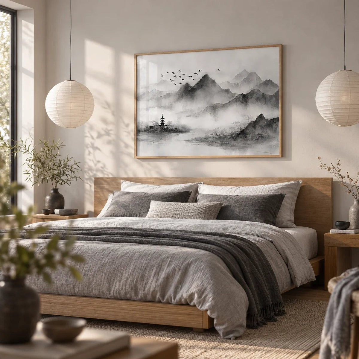 Black and White Landscape Print, framed on the wall of a serene Japandi bedroom