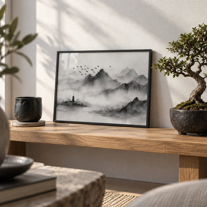 Black and White Landscape Print, a small A4 framed print leaning on a low oak bench in a living room