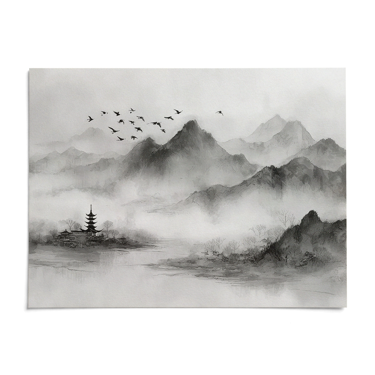 Black and White Landscape Print, shown as an unframed paper print on a plain white background