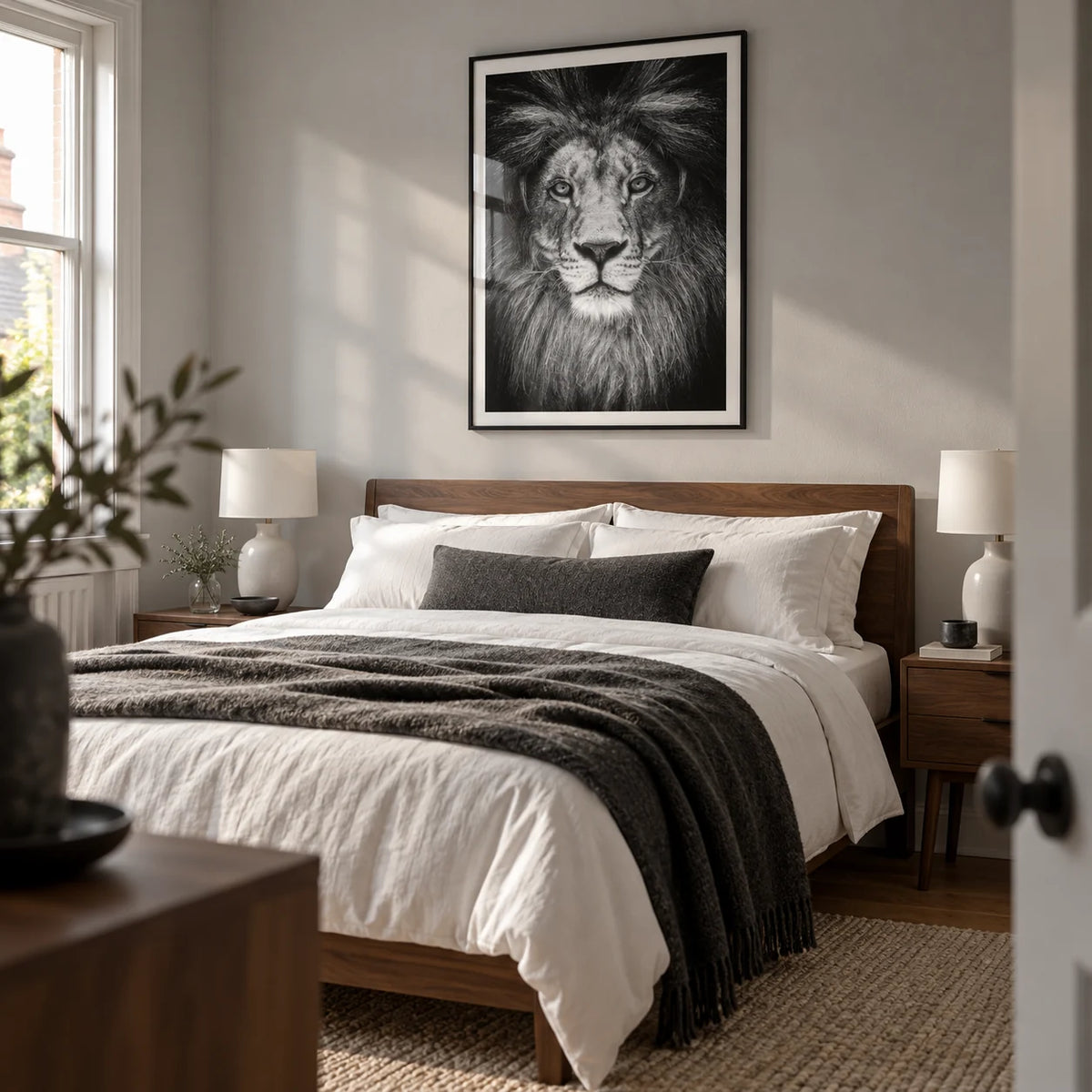 Black And White Lion Print, framed on the wall of a calm contemporary bedroom in a terraced house with a pale grey wall