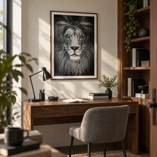 Black And White Lion Print, framed on the wall of a compact home study with a warm white wall and fitted walnut shelving