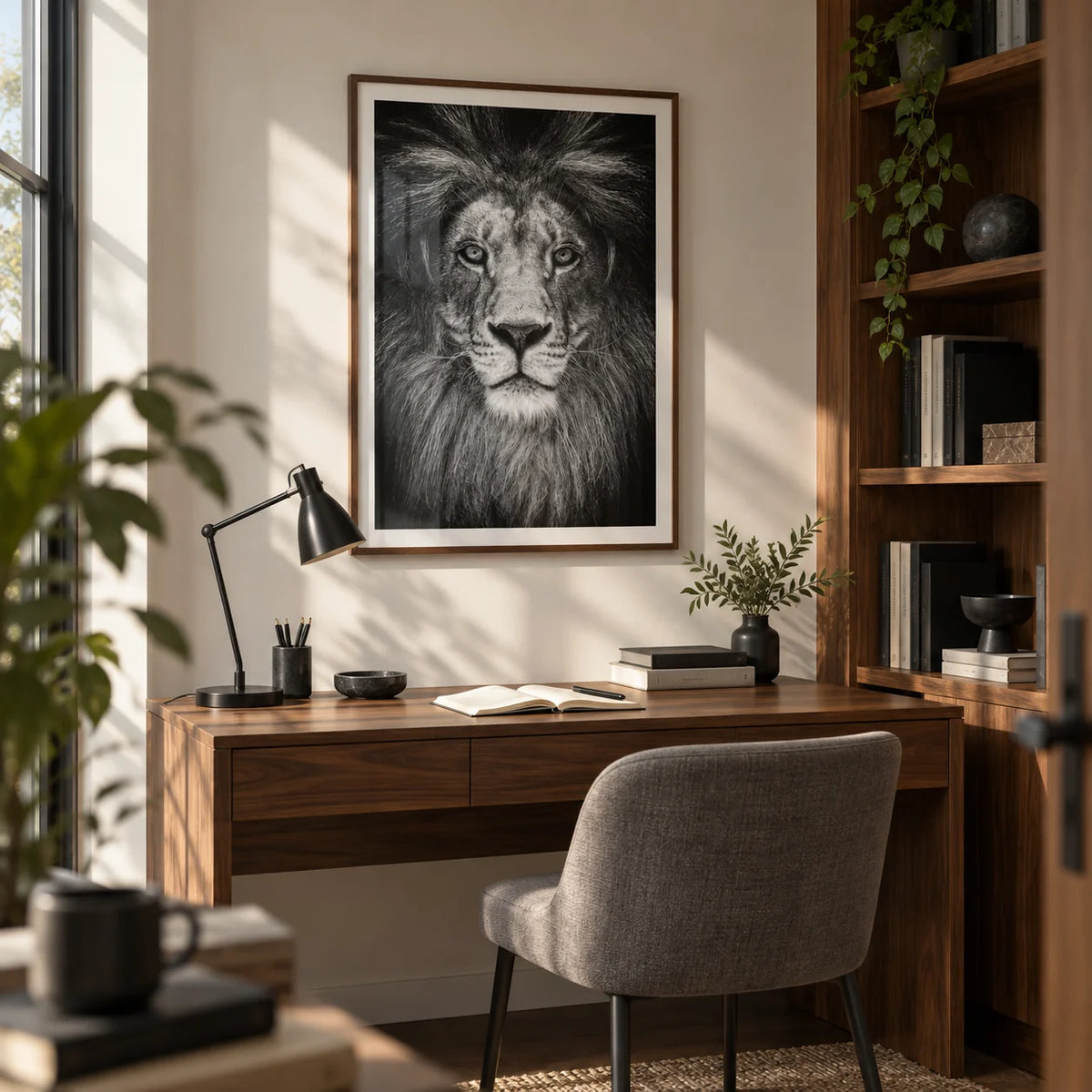 Black And White Lion Print, framed on the wall of a compact home study with a warm white wall and fitted walnut shelving