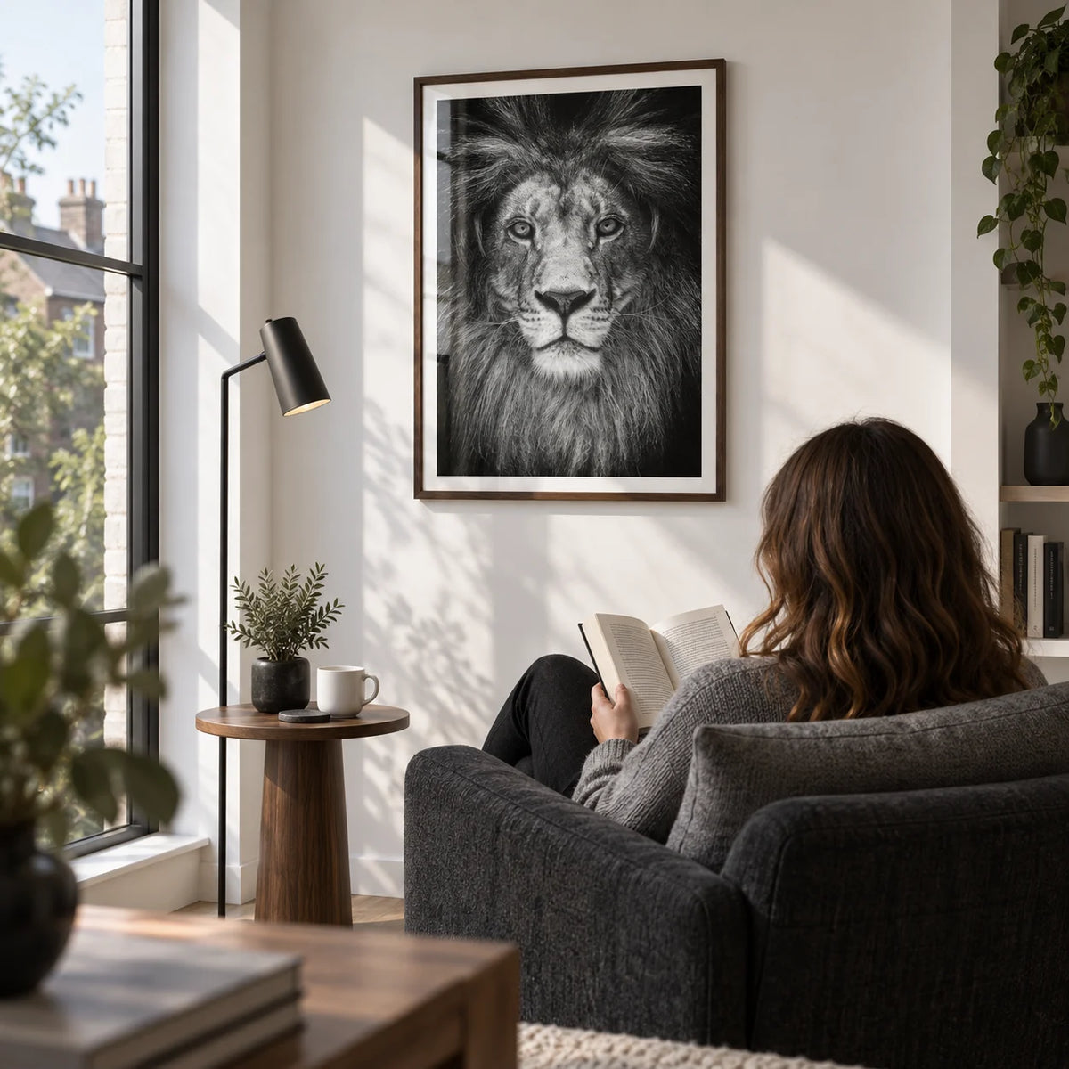 Black And White Lion Print, framed on the wall of a quiet reading corner beside a tall window in a modern UK home with a white wall in a living room
