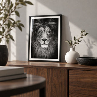 Black And White Lion Print, a small A4 framed print leaning on a walnut sideboard in a living room