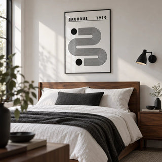 Black and White Minimalist Art, framed on the wall of a crisp graphic bedroom