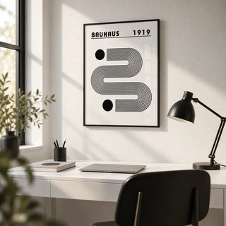 Black and White Minimalist Art, framed on the wall of a minimal home office