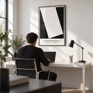 Black and White Office Print, framed on the wall of a crisp modern home office with a white wall