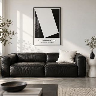 Black and White Office Print, framed on the wall of a design-led city flat living room with a white wall and a polished concrete floor