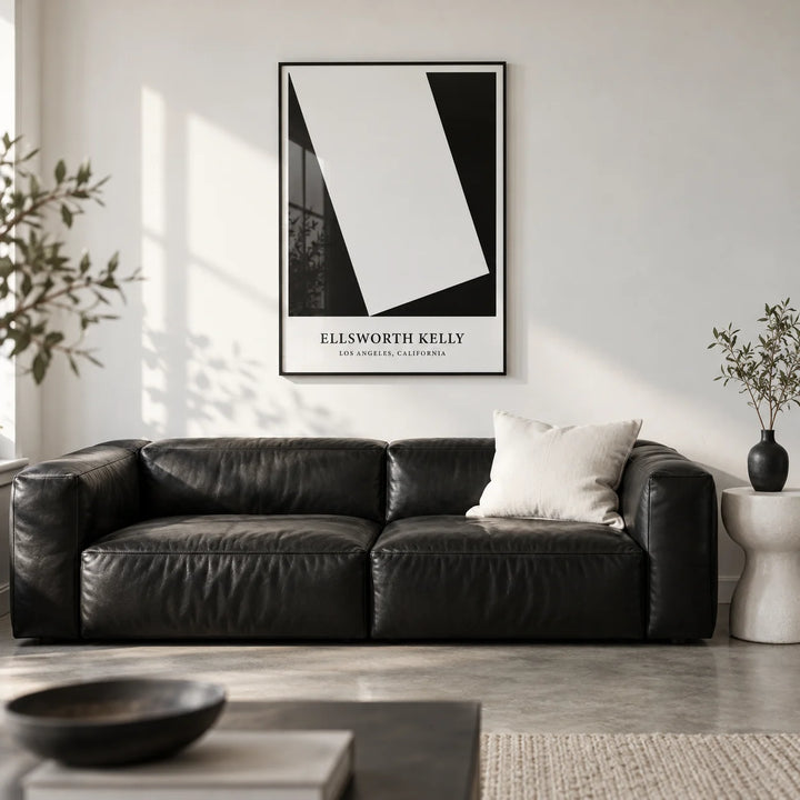 Black and White Office Print, framed on the wall of a design-led city flat living room with a white wall and a polished concrete floor