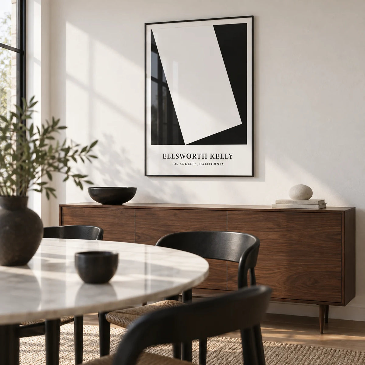 Black and White Office Print, framed on the wall of a modern dining room with a white wall