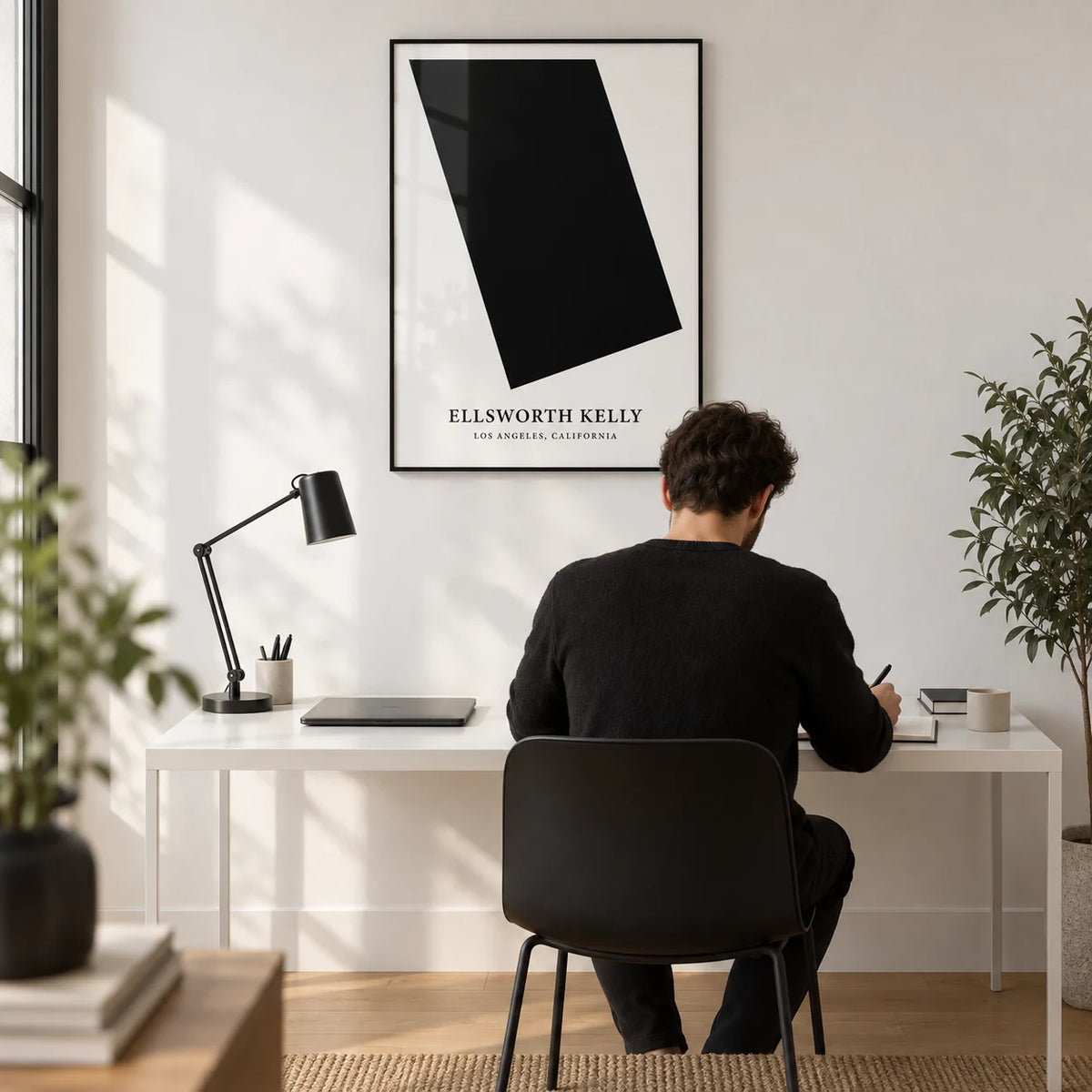 Black and White Office Wall Art, framed on the wall of a minimal home office with a white wall and a light oak floor