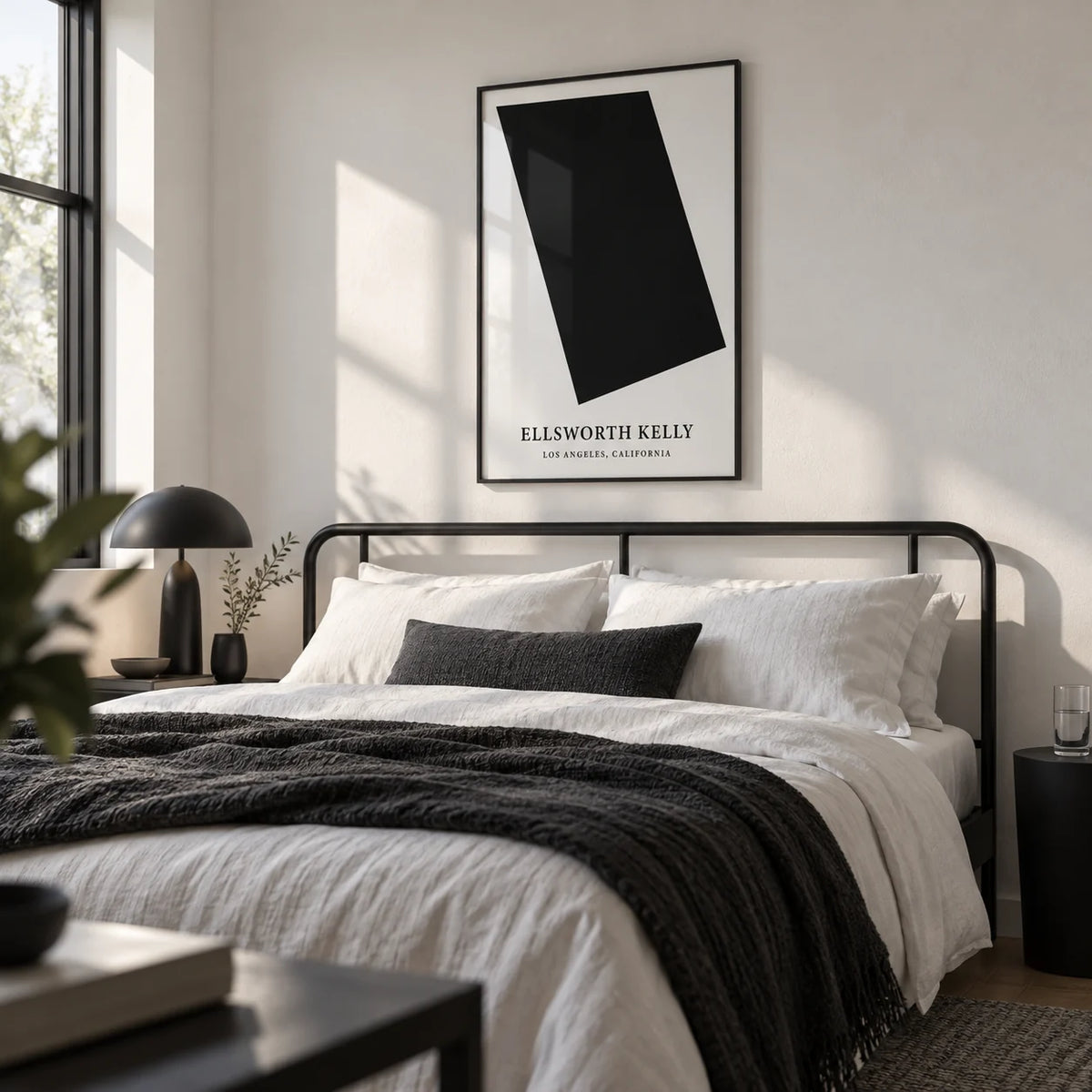 Black and White Office Wall Art, framed on the wall of a monochrome bedroom with a soft white wall